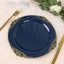 10-Pack Plastic 10" Round Dinner Plates in Navy Blue with Gold Leaf Embossed Rim - Disposable Vintage Baroque Style Plates