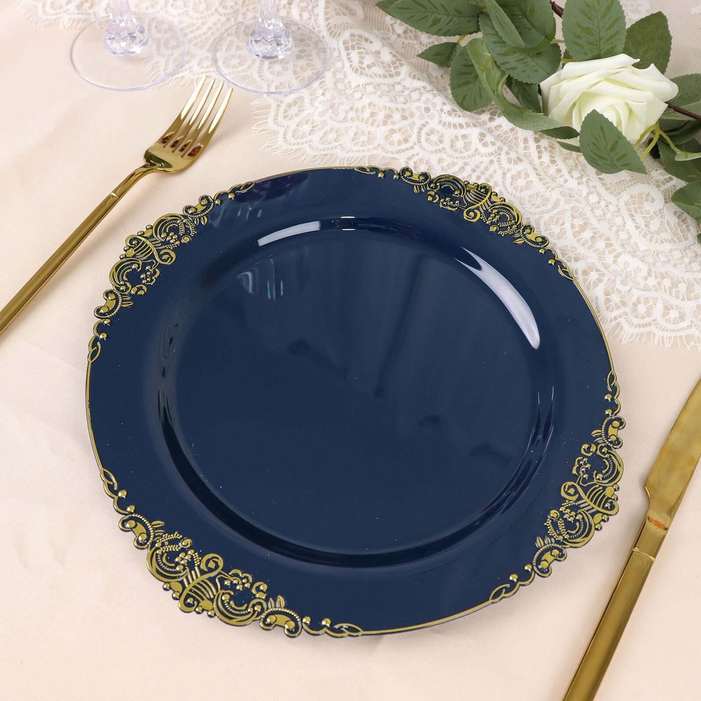 10-Pack Plastic 10" Round Dinner Plates in Navy Blue with Gold Leaf Embossed Rim - Disposable Vintage Baroque Style Plates
