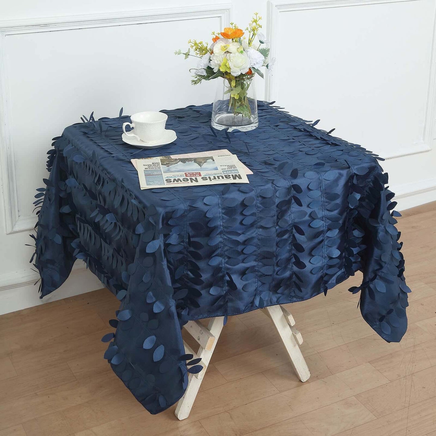 Taffeta 54"x54" Square Tablecloth Navy Blue 3D Leaf Petal Table Cover