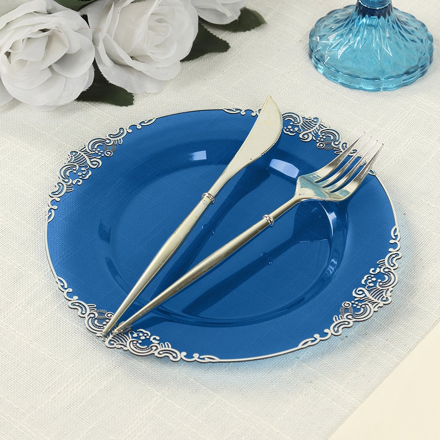 10-Pack Plastic 8" Round Dessert Plates in Transparent Navy Blue with Silver Leaf Embossed Rim - Disposable Vintage Baroque Style Salad Plates