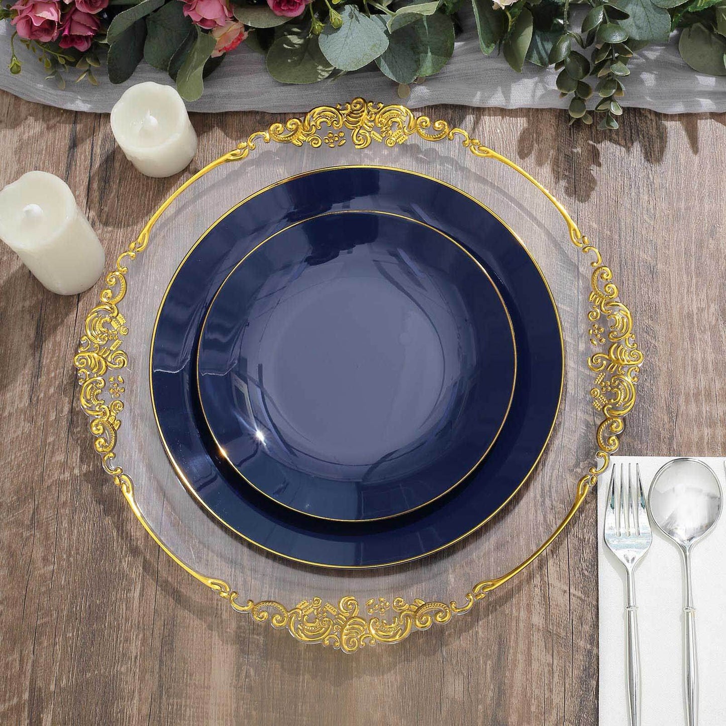 10-Pack Plastic 10" Round Dinner Plates in Navy Blue with Gold Rim - Glossy Disposable Party Plates