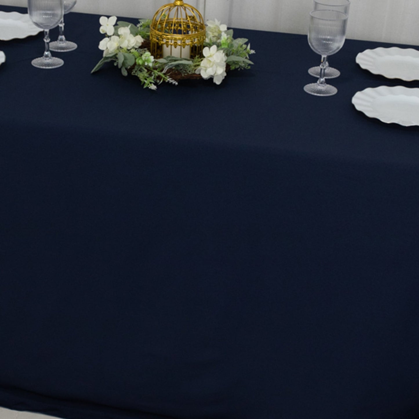 Fire Retardant Premium Polyester 90"x132" Rectangular Tablecloth Navy Blue - High-Performance Seamless Table Cover