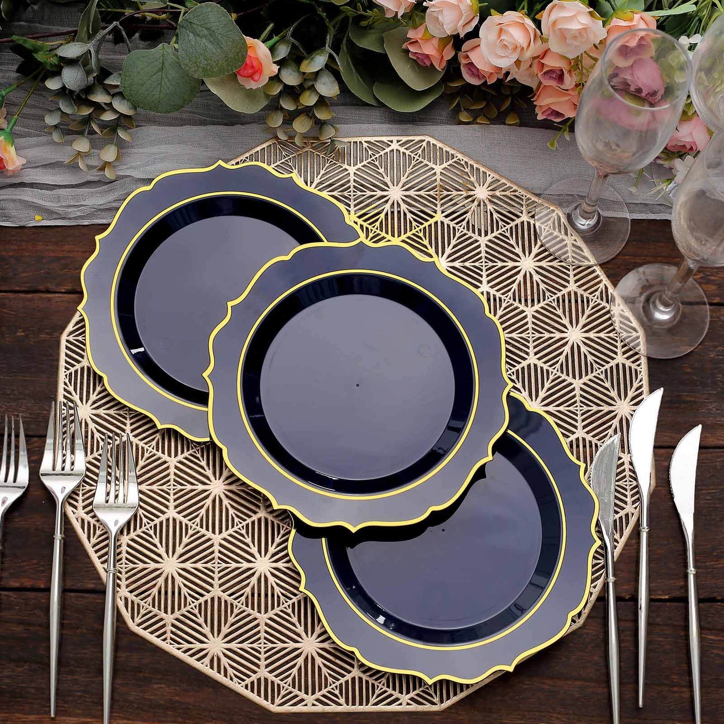 10-Pack Plastic 8" Round Dessert Plates in Navy Blue with Gold Scalloped Rim - Disposable Appetizer/Salad Plates