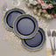 10-Pack Plastic 8" Round Dessert Plates in Navy Blue with Gold Scalloped Rim - Disposable Appetizer/Salad Plates