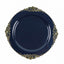 10-Pack Plastic 10" Round Dinner Plates in Navy Blue with Gold Leaf Embossed Rim - Disposable Vintage Baroque Style Plates