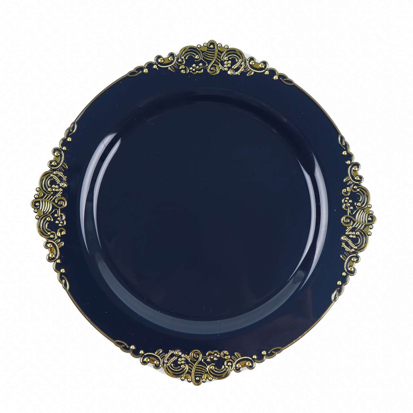 10-Pack Plastic 10" Round Dinner Plates in Navy Blue with Gold Leaf Embossed Rim - Disposable Vintage Baroque Style Plates