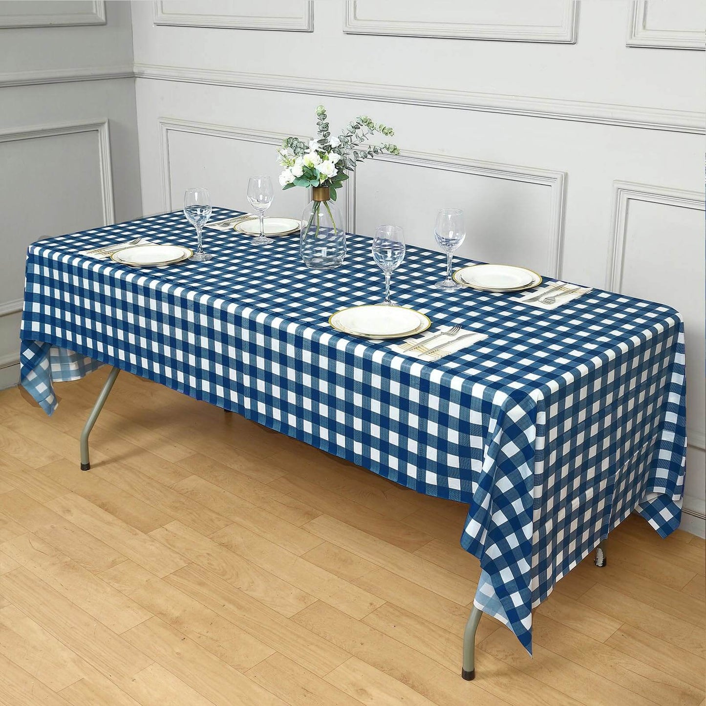 5-Pack Plastic Table Covers Navy Blue Checkered Rectangle - Durable PVC Disposable Covers for Events 54"x108"