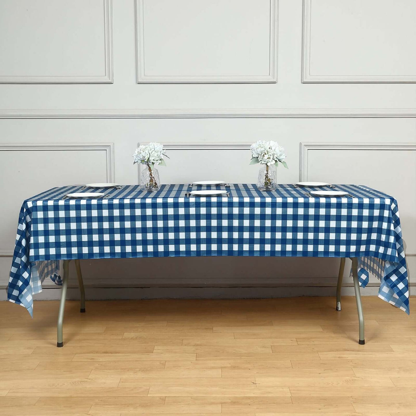 5-Pack Plastic Table Covers Navy Blue Checkered Rectangle - Durable PVC Disposable Covers for Events 54"x108"