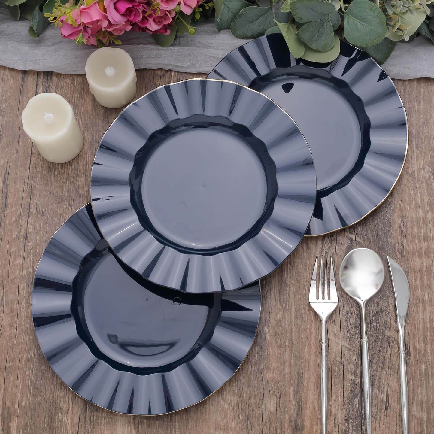 10-Pack Plastic 9" Round Dinner Plates in Navy Blue Ruffled Rim with Gold Edging - Sturdy Disposable Dinnerware