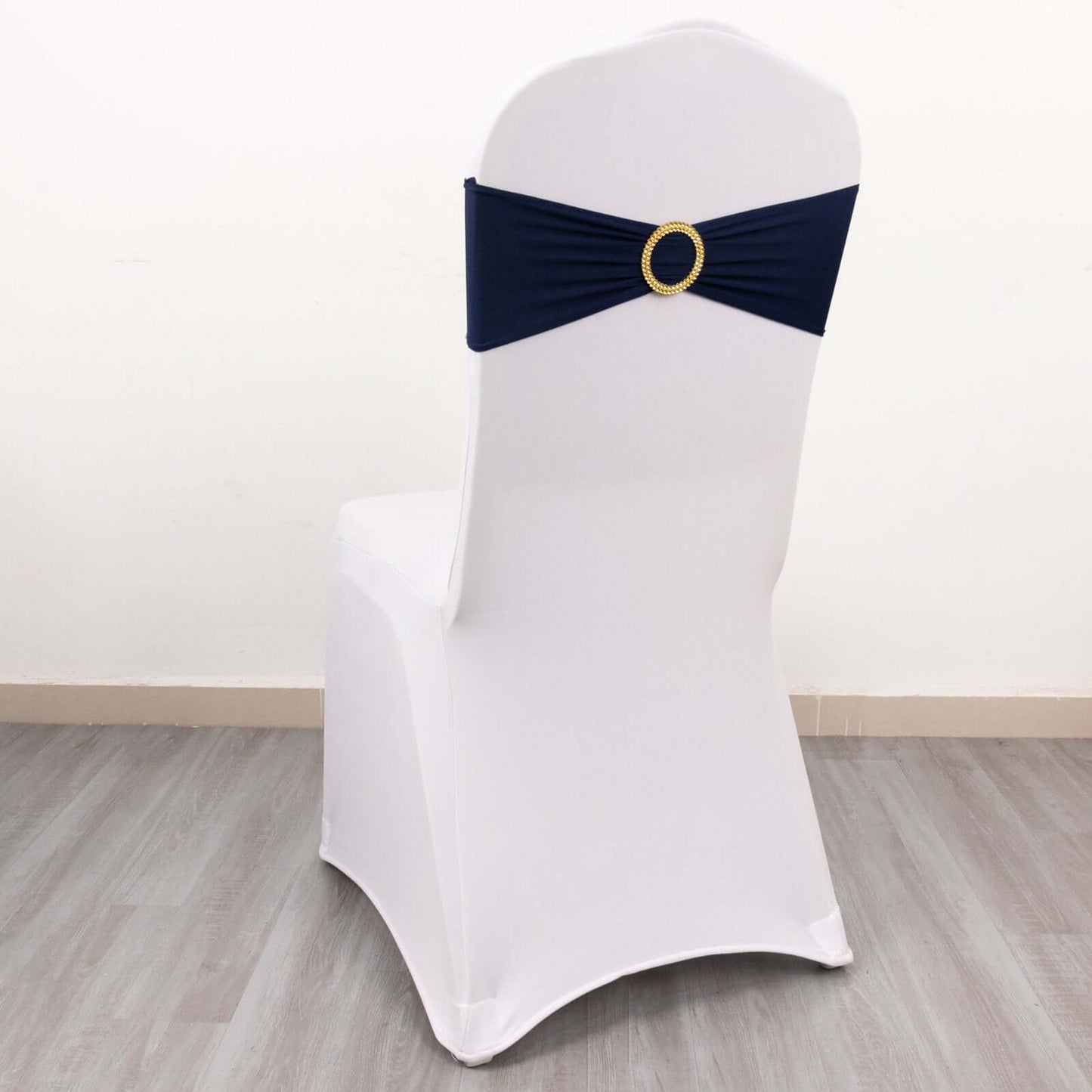 5 Pack Spandex Chair Sashes Navy Blue with Gold Rhinestone Buckles - Reusable Four-Way Stretch Sash Bands 5"x14"