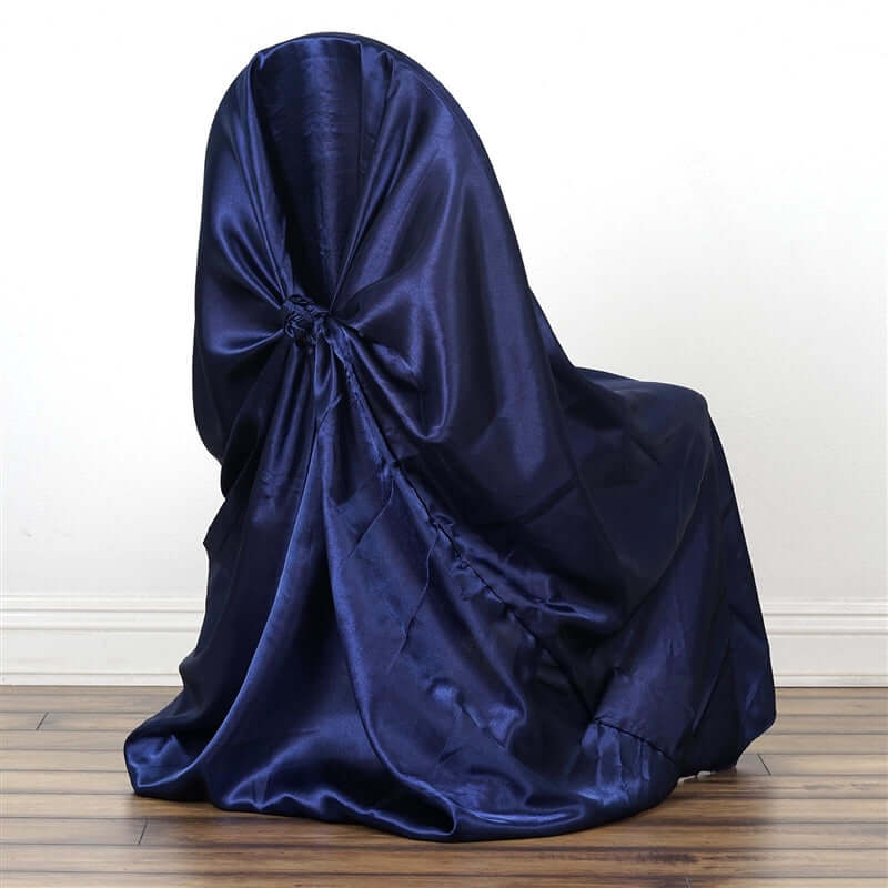 Satin Chair Cover Self-Tie Universal Design Navy Blue - Durable Slip-On Cover for Folding, Dining, Banquet & Standard Chairs