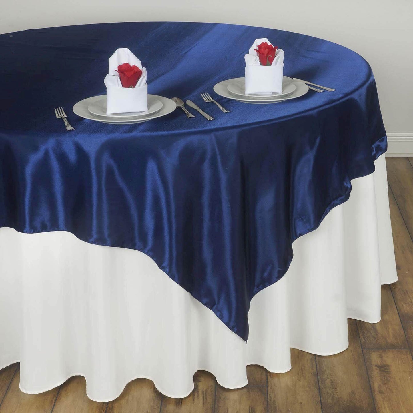 Satin 60"x60" Table Overlay Square Tablecloth Navy Blue - Smooth Silky Touch Table Cover