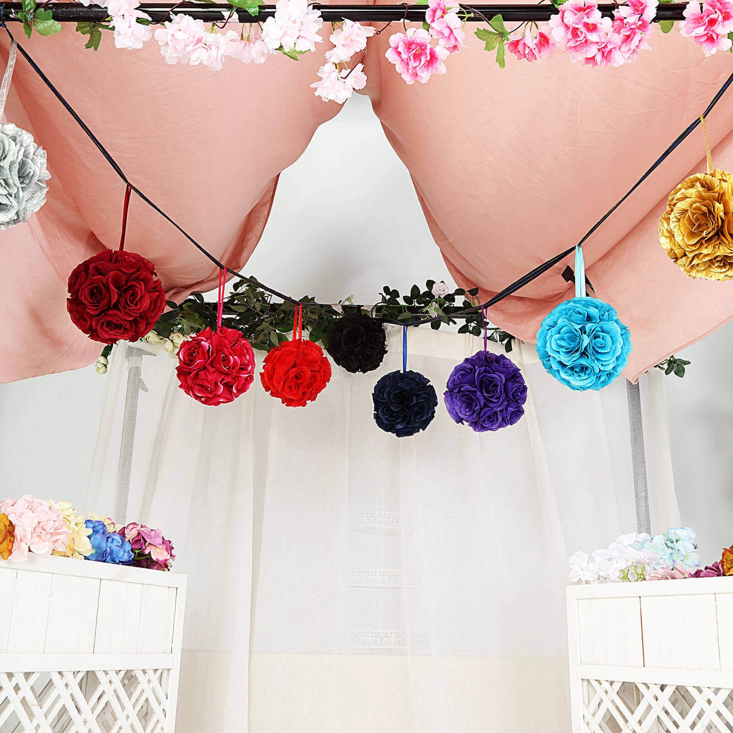 2 Pack 7" Navy Blue Artificial Silk Rose Kissing Ball, Flower Ball