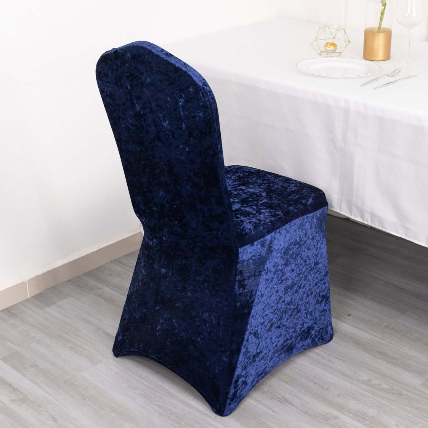 Crushed Velvet Spandex Banquet Chair Cover Fitted Slipcover Navy Blue - Stretch 190GSM Slipcover with Foot Pockets