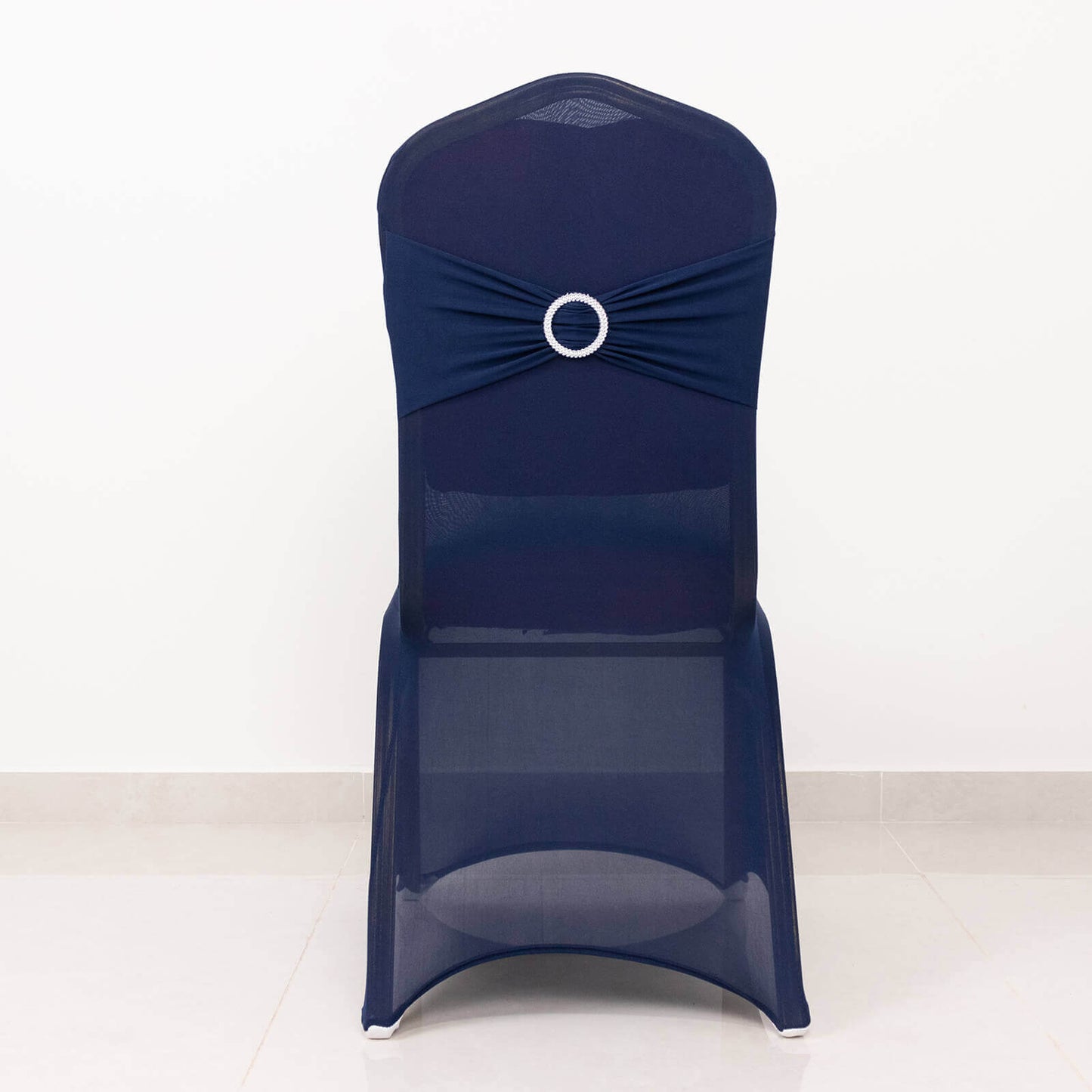 Spandex Chair Cover with Silver Rhinestone Buckled Sash Band Navy Blue - Stretch Fitted Slipcover