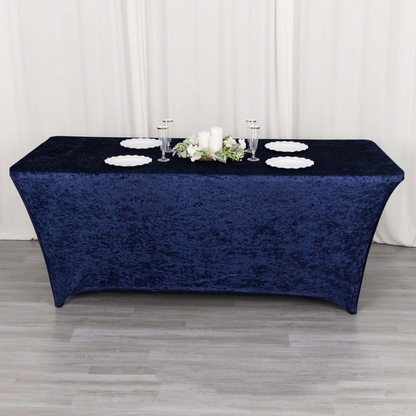 Crushed Velvet Fitted Rectangular 6ft Table Cover Navy Blue - Wrinkle-Free Stretchy Tablecloth