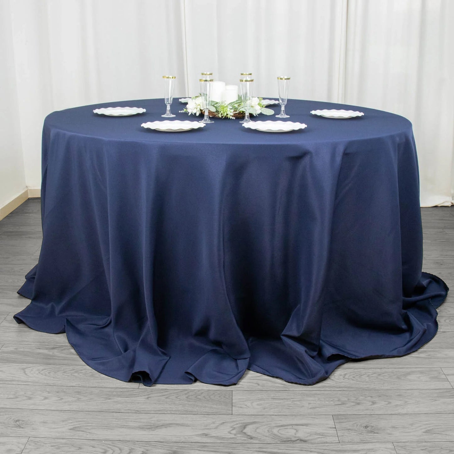 Fire Retardant Premium Polyester 132" Round Tablecloth Navy Blue - High-Performance Seamless Table Cover