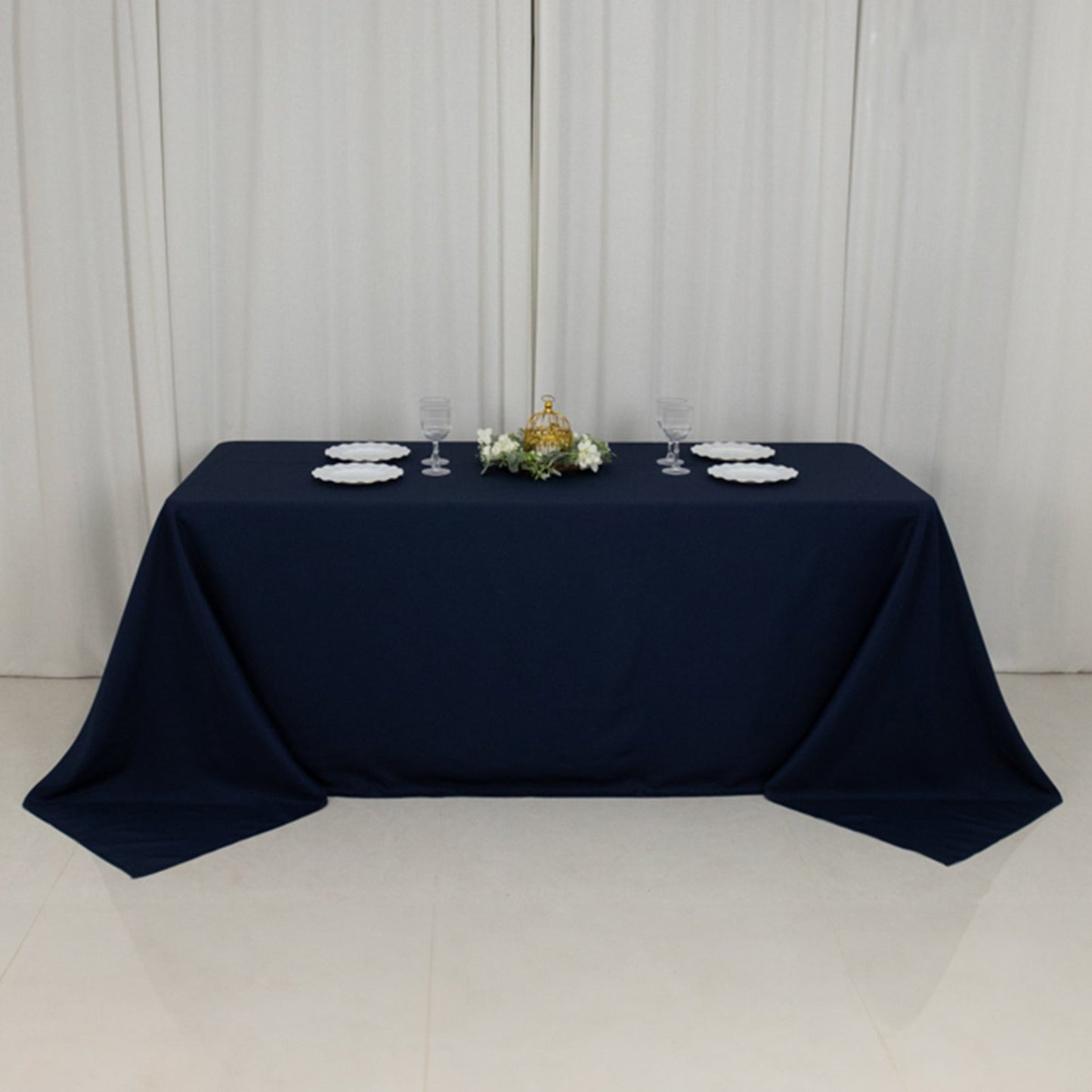 Fire Retardant Premium Polyester 90"x132" Rectangular Tablecloth Navy Blue - High-Performance Seamless Table Cover