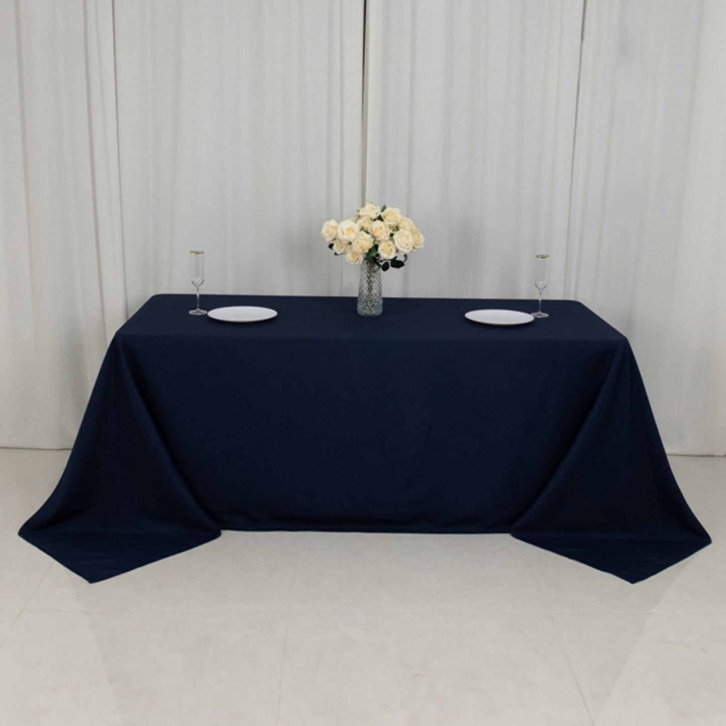 Fire Retardant Premium Polyester 90"x132" Rectangular Tablecloth Navy Blue - High-Performance Seamless Table Cover