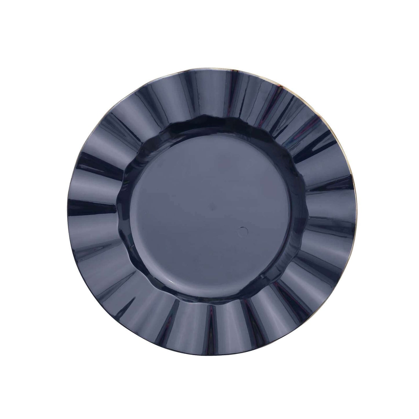 10-Pack Plastic 9" Round Dinner Plates in Navy Blue Ruffled Rim with Gold Edging - Sturdy Disposable Dinnerware