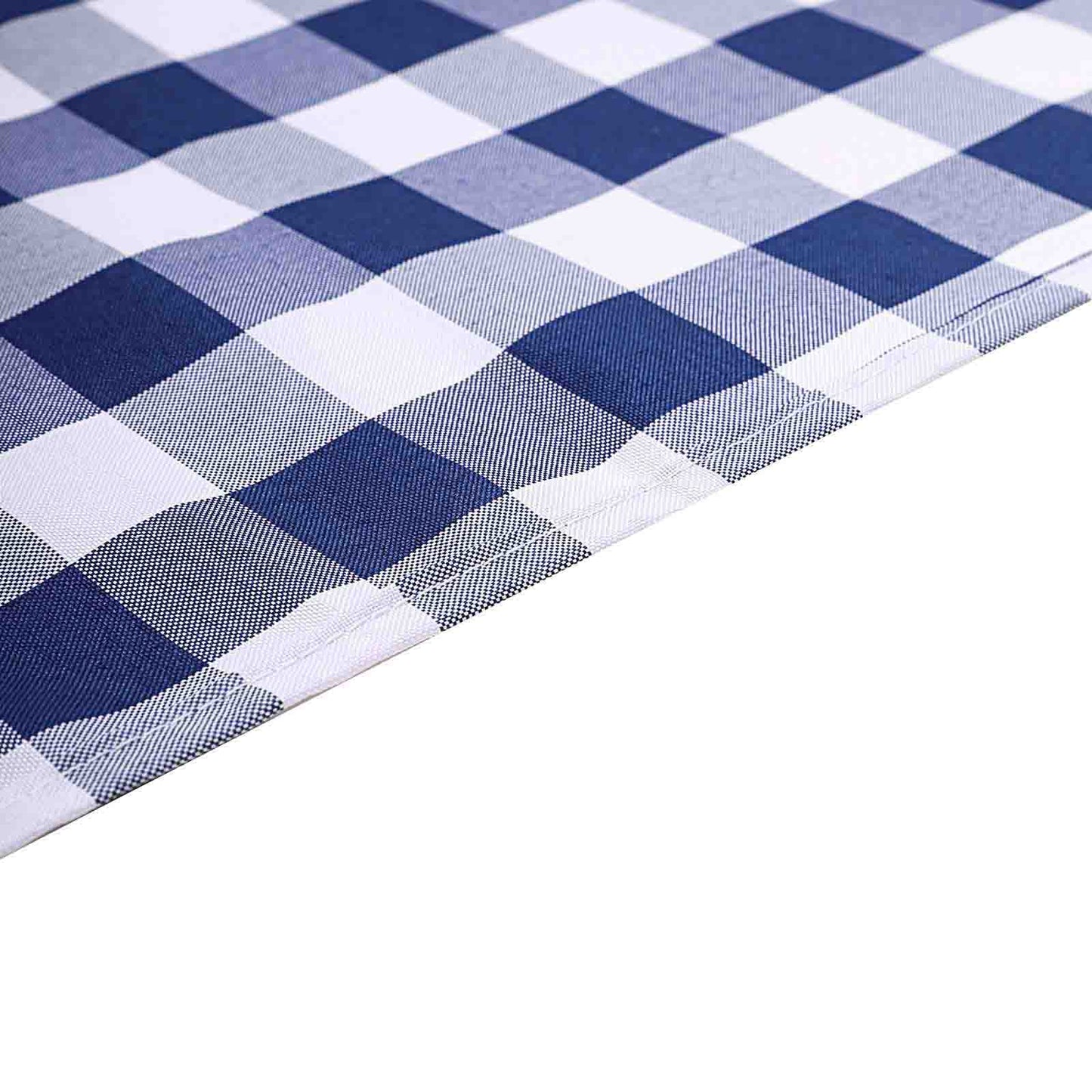 Polyester 108" Round Tablecloth White/Navy Blue - Checkered Buffalo Plaid Table Cover
