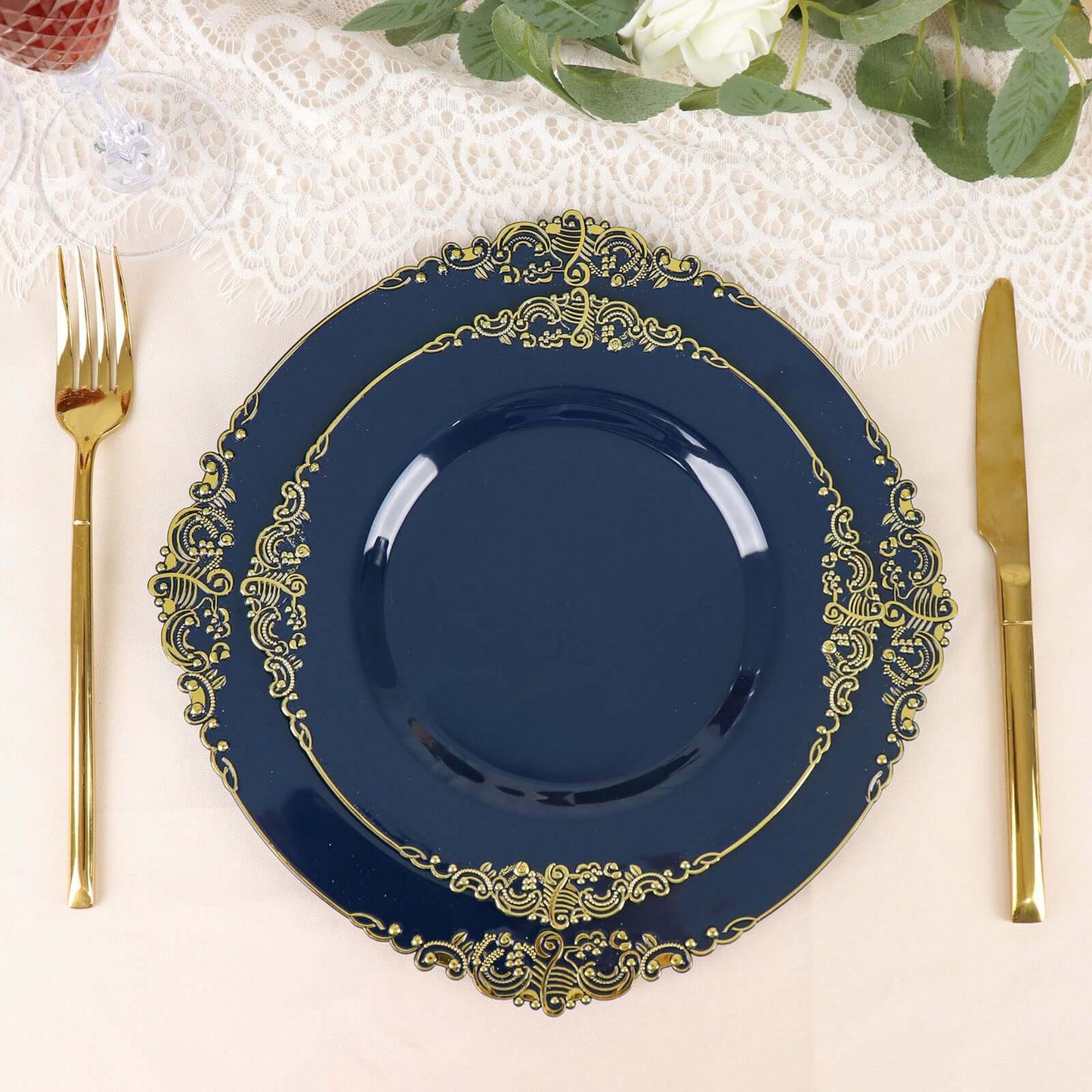 10-Pack Plastic 8" Round Dessert Plates in Navy Blue with Gold Leaf Embossed Rim - Disposable Vintage Baroque Style Salad Plates
