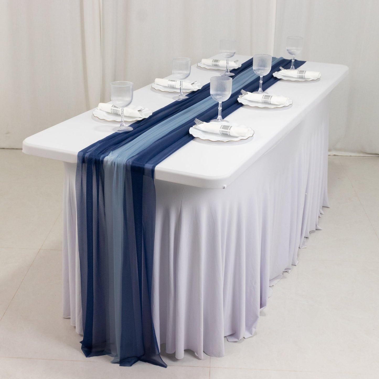 20-Pack 9ft Sheer Table Runners â€“ Navy Blue/Dusty Blue Shimmer Sheer Drapes, Wrinkle-Free