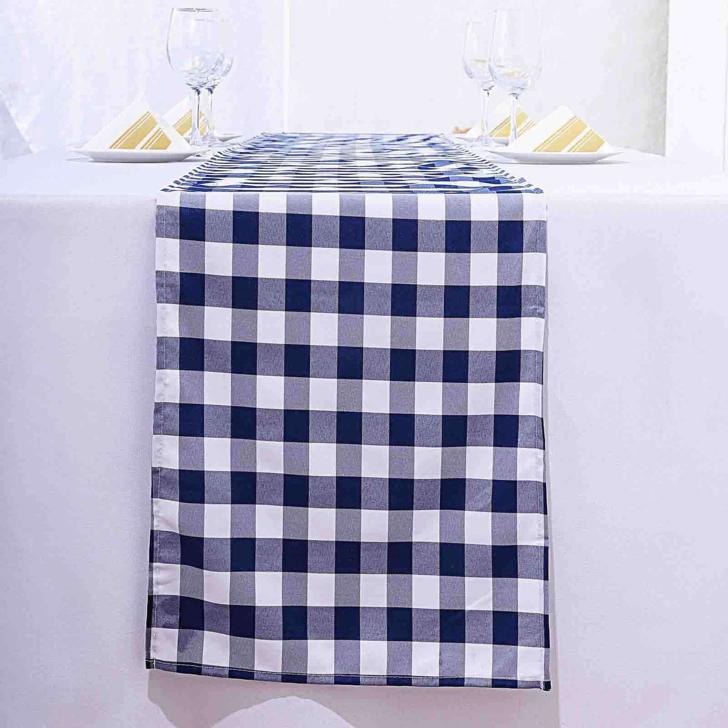 Polyester 14"x108" Table Runner Navy Blue/White - Gingham Plaid Design