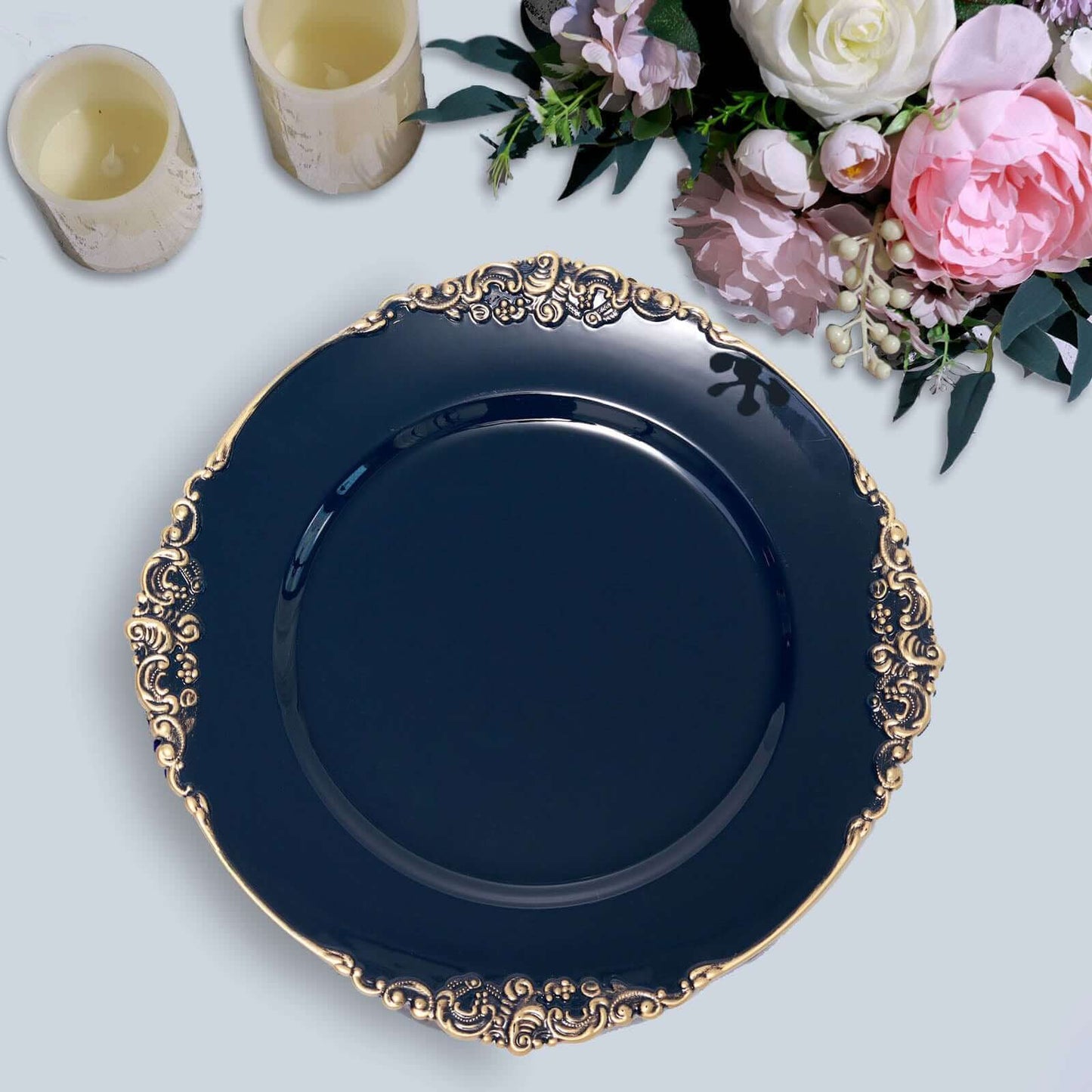 6-Pack Acrylic Round Charger Plates 13" in Navy Blue with Gold Embossed Baroque Rim, Antique Decorative Dinner Party Charger Tableware