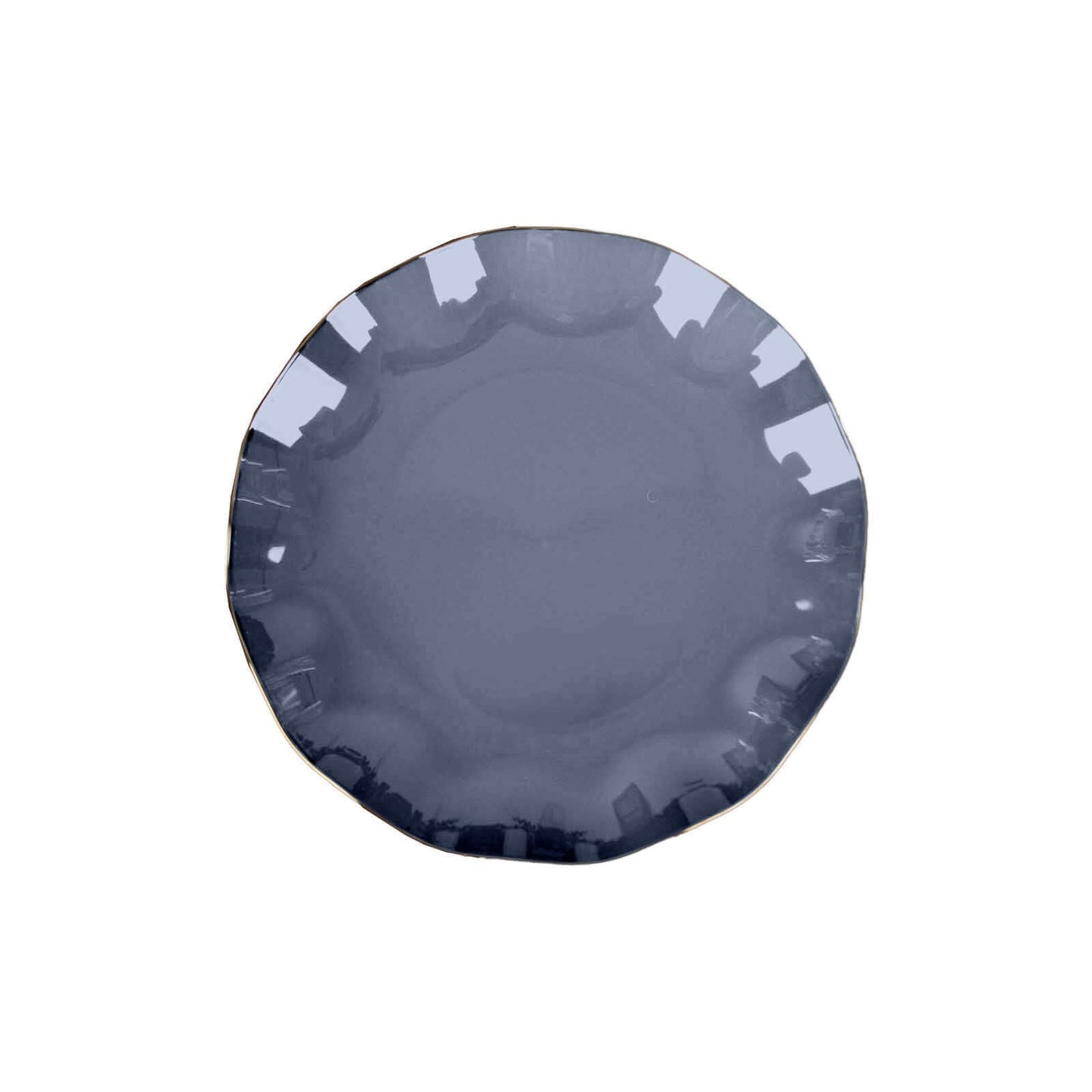 10-Pack Plastic Round 6" Dessert Plates in Navy Blue Ruffled Rim with Gold Edging - Sturdy Disposable Salad Appetizer Dinnerware