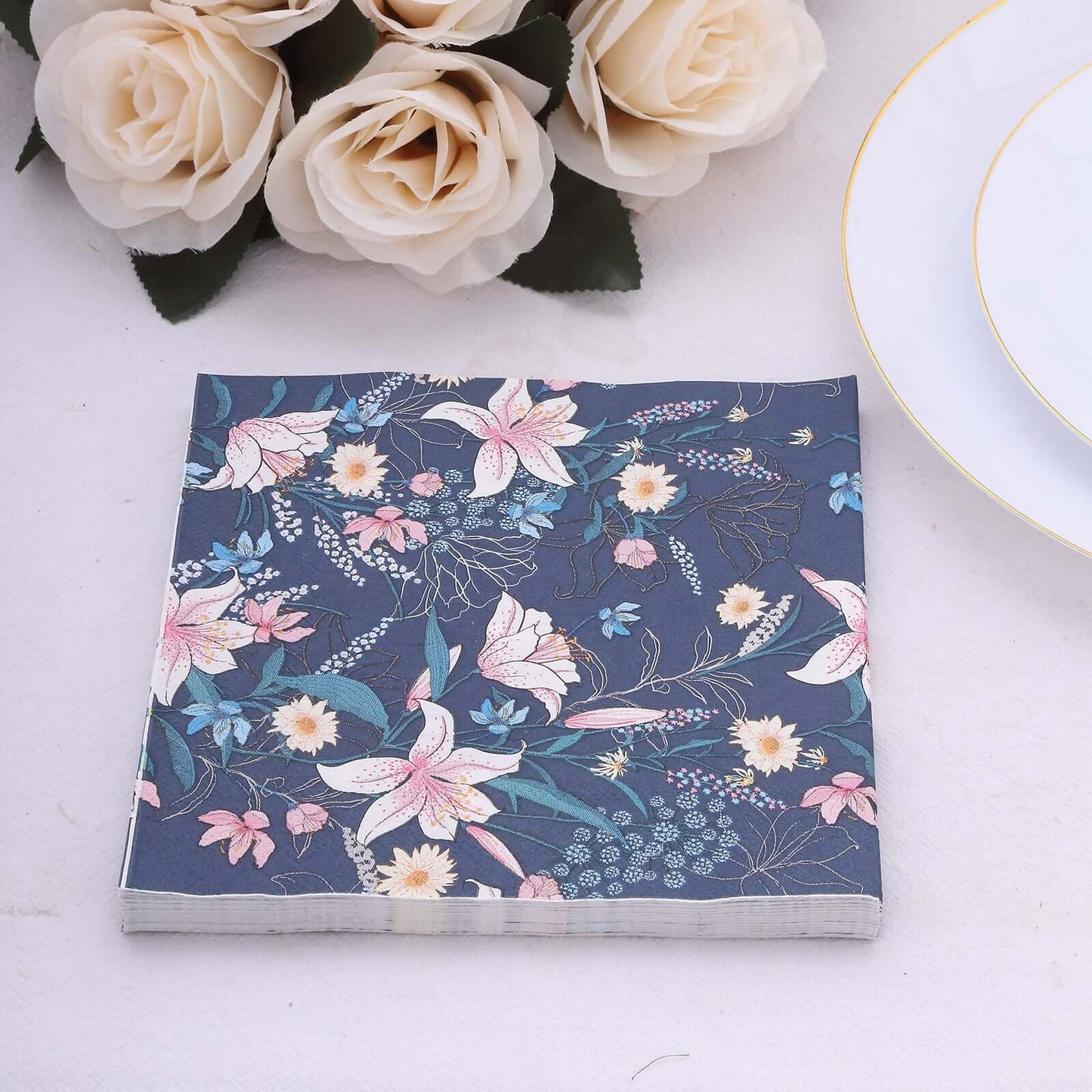 20-Pack Paper Beverage Napkins with Water Lily Floral Design Navy Blue - 2 Ply Soft 18GSM Wedding Napkins 6.5"x6.5"