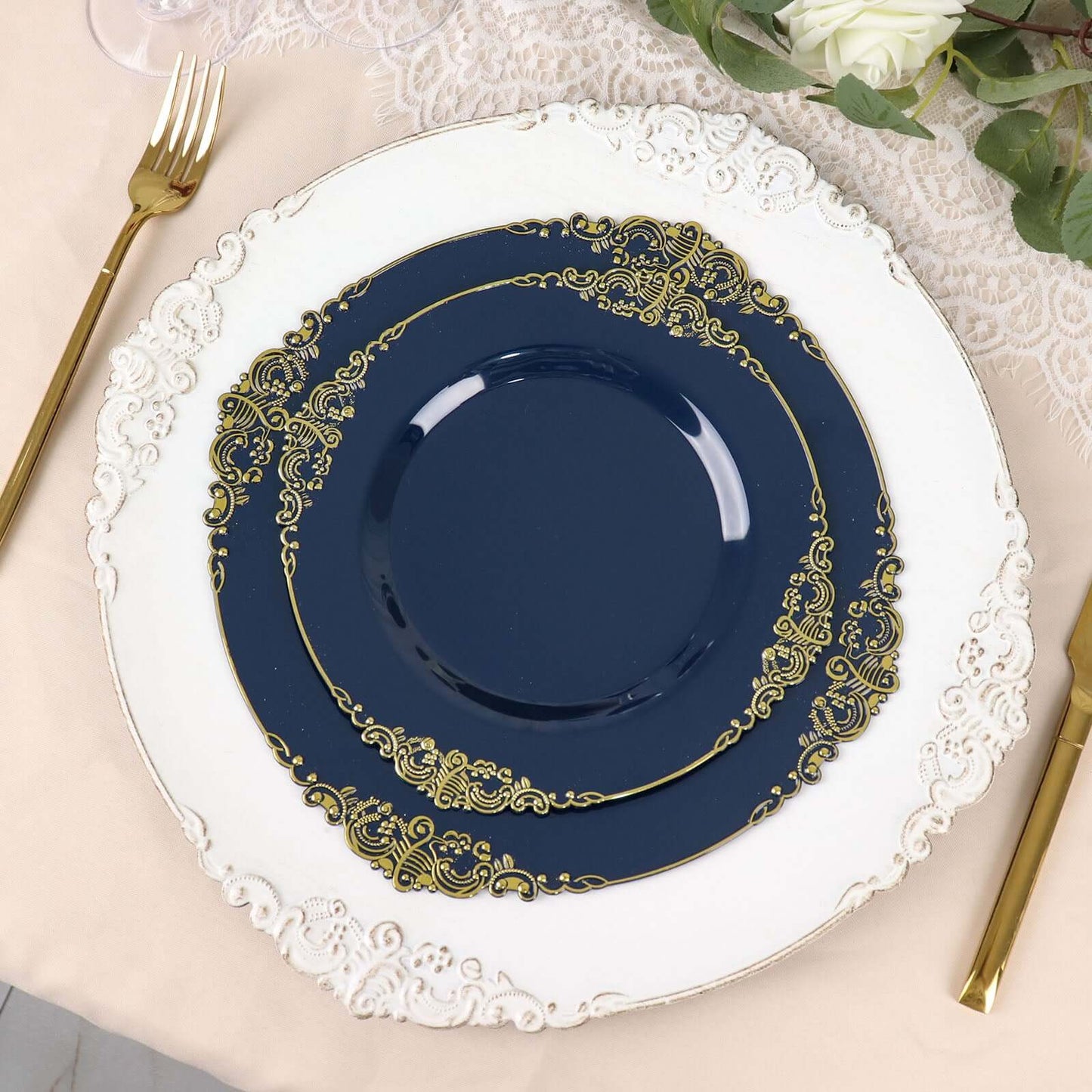 10-Pack Plastic 10" Round Dinner Plates in Navy Blue with Gold Leaf Embossed Rim - Disposable Vintage Baroque Style Plates