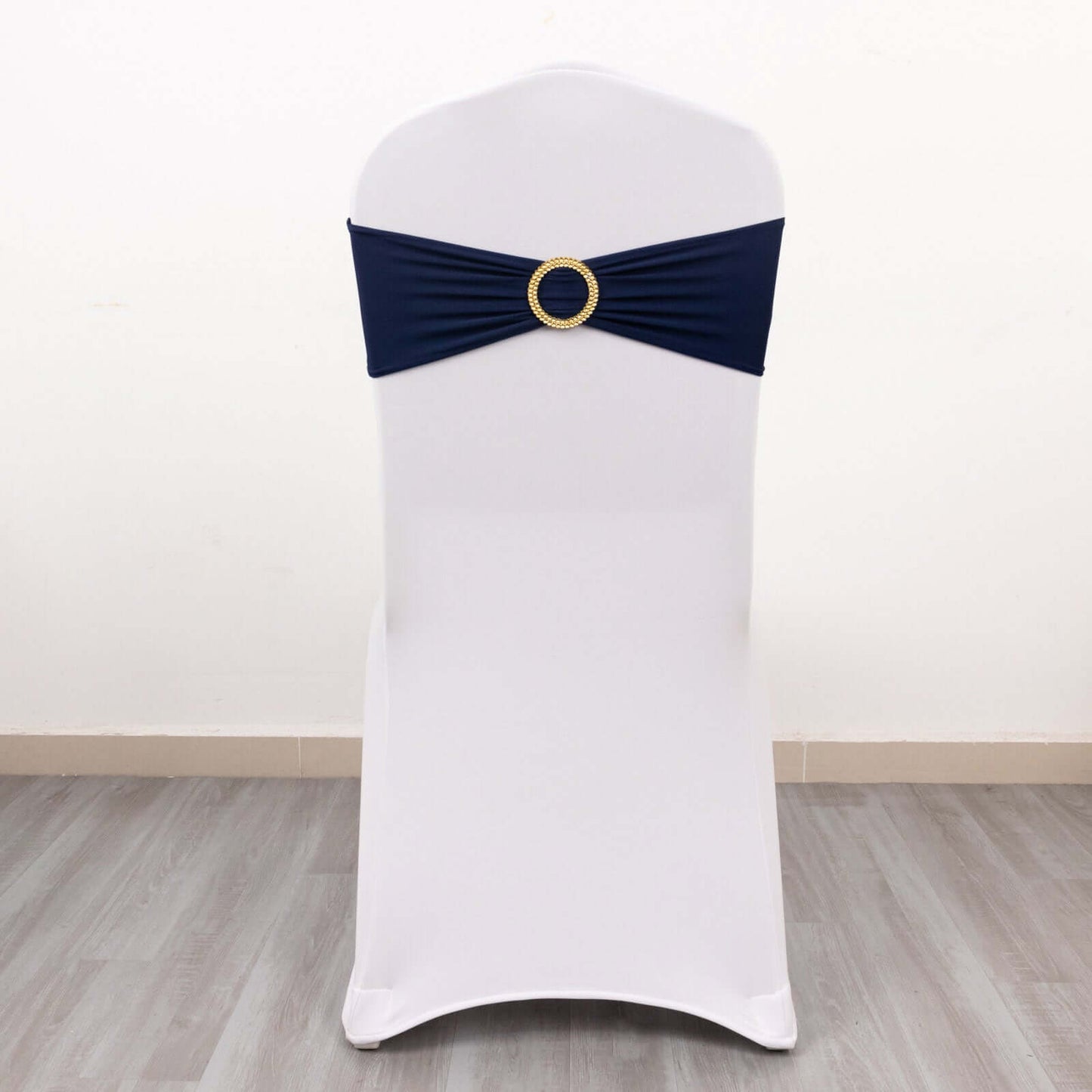 5 Pack Spandex Chair Sashes Navy Blue with Gold Rhinestone Buckles - Reusable Four-Way Stretch Sash Bands 5"x14"