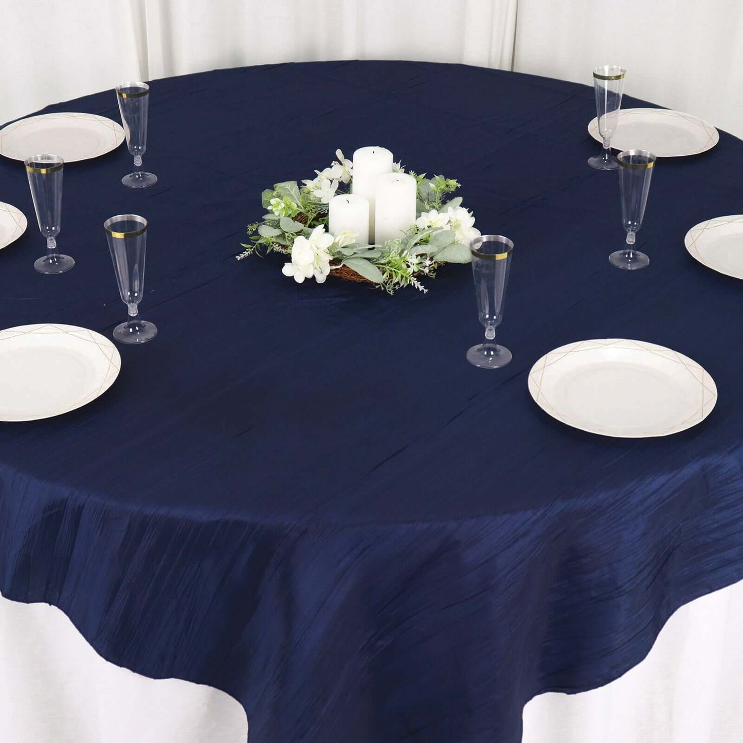 Taffeta 72"x72" Table Overlay Square Tablecloth Navy Blue - Accordion Crinkle Table Cover