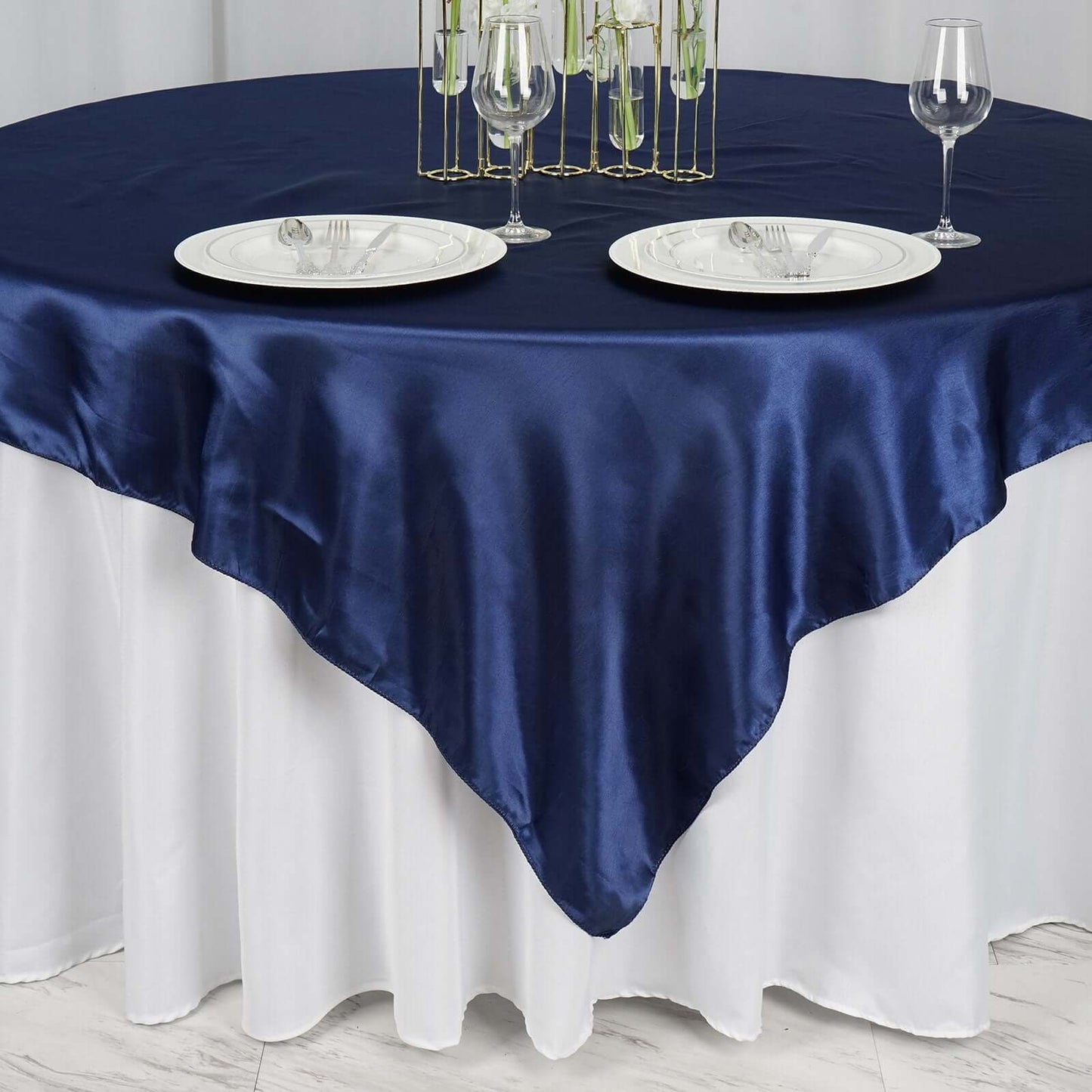 Satin 72"x72" Table Overlay Square Tablecloth Navy Blue - Smooth Finish Table Cover