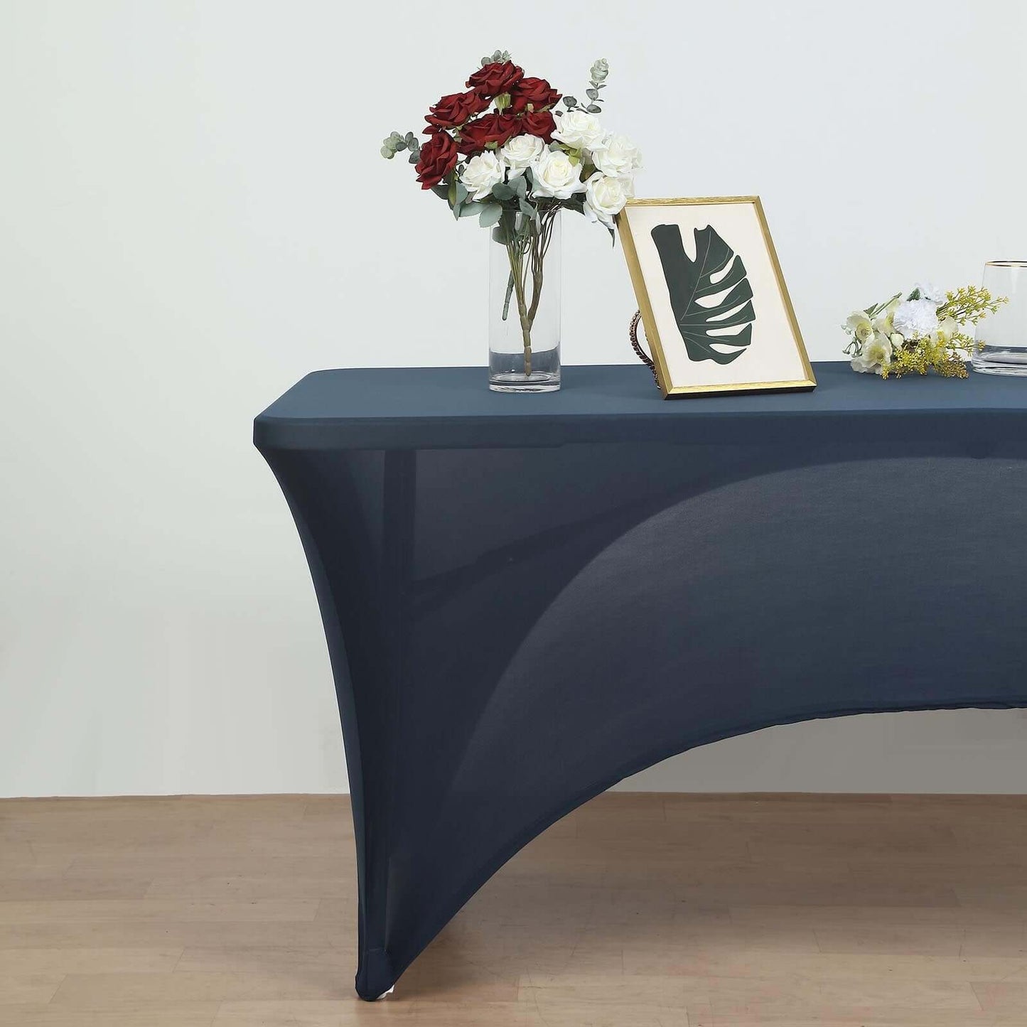 Stretch Spandex 72"x30" Rectangular Table Cover Navy Blue with Curved Open Back Design Tailored Professional Look