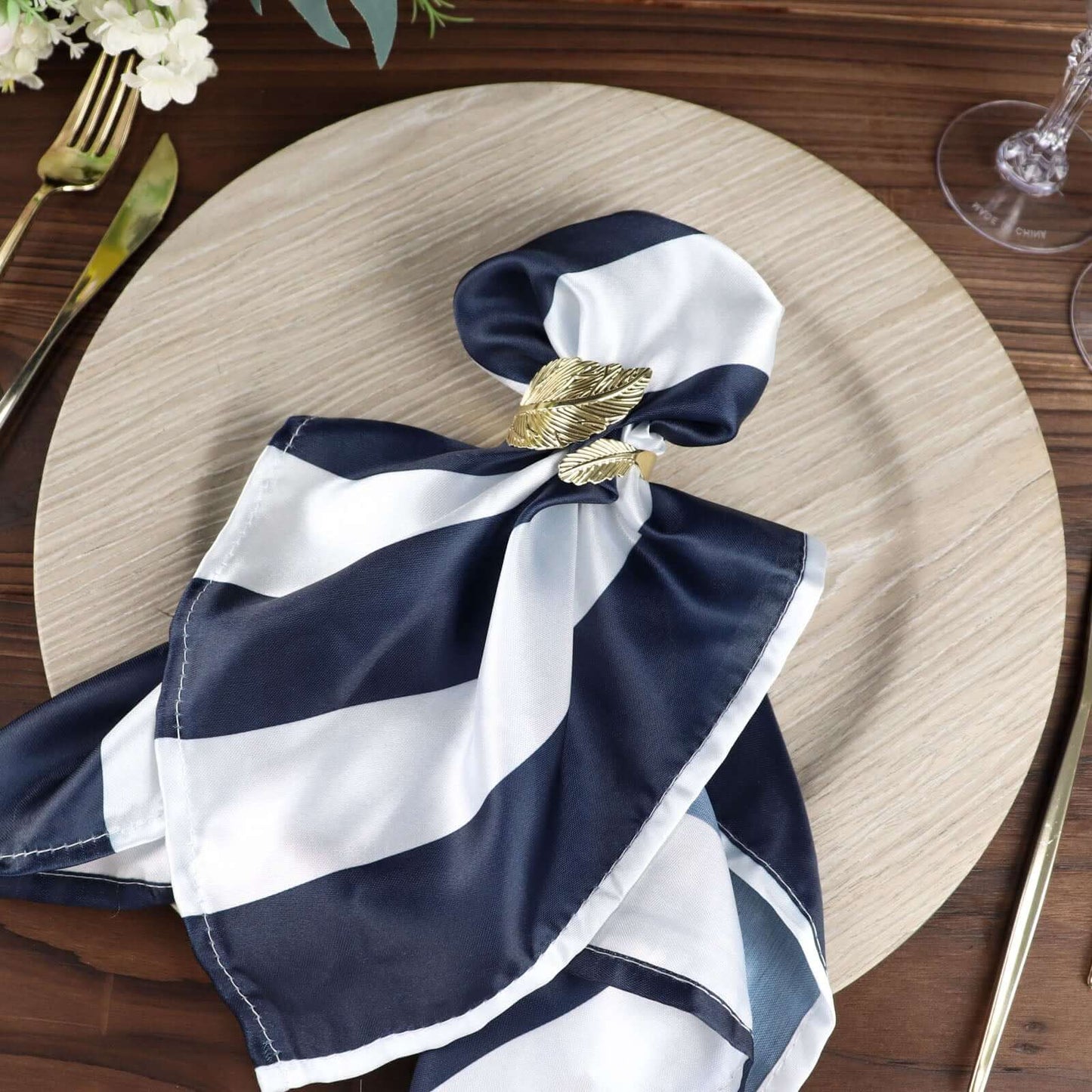5 Pack Satin 20"x20" Napkins Navy Blue/White - Striped Reusable Dinner Napkins