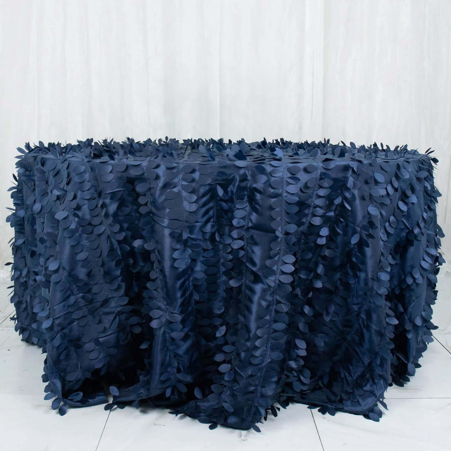 Taffeta 132" Round Tablecloth Navy Blue | 3D Leaf Petal Design Seamless Table Cover