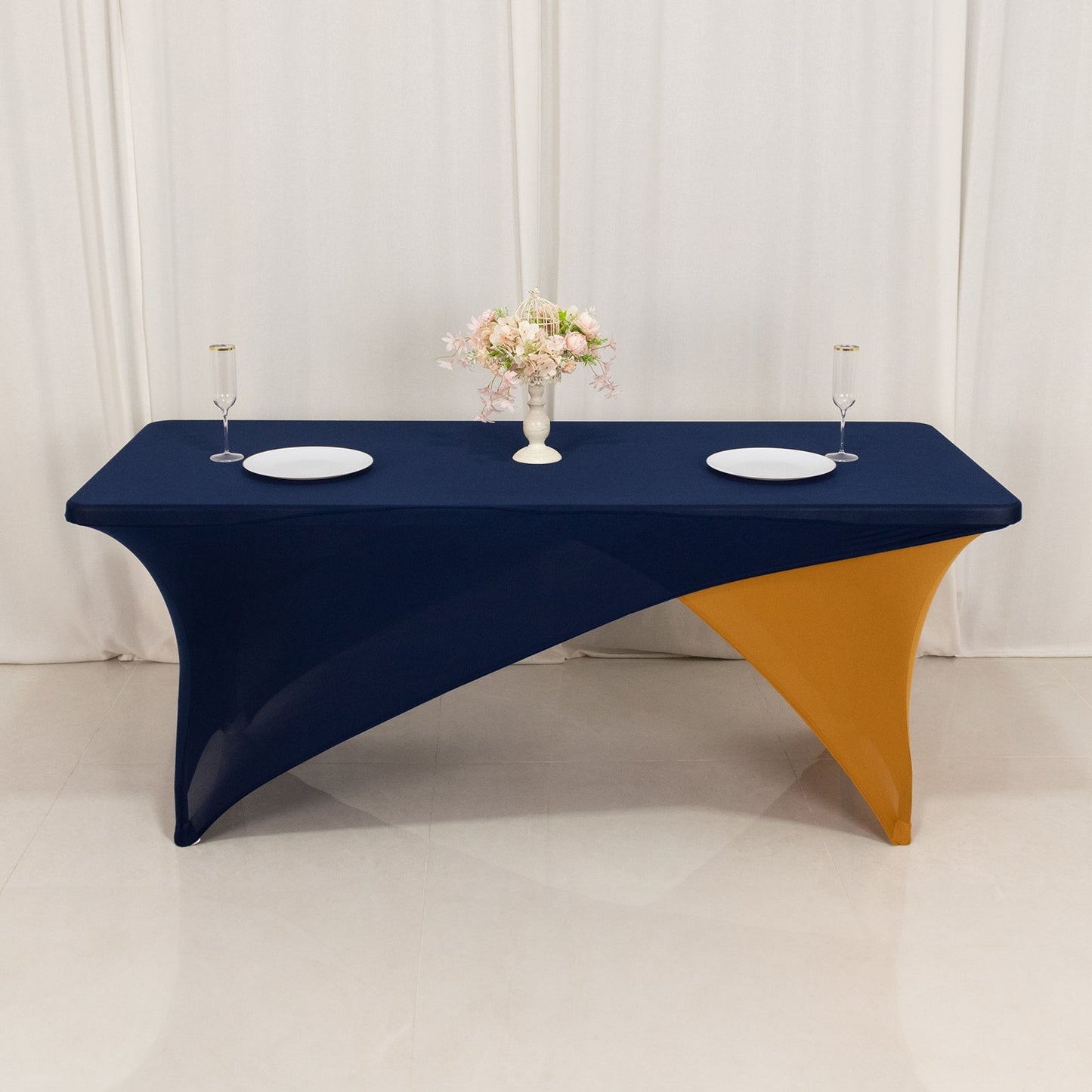 Stretch Spandex 72"x30" Rectangle Table Cover Navy Blue/Gold Cross Over Design - Two-Piece Fitted Tablecloth with Elastic Foot Pockets
