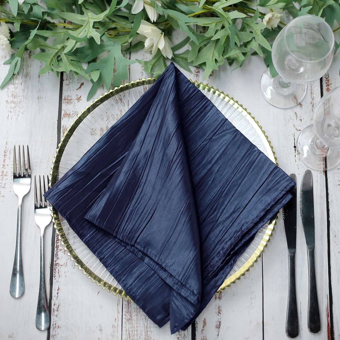 5 Pack Taffeta 20"x20" Napkins Navy Blue - Accordion Crinkle Dinner Napkins