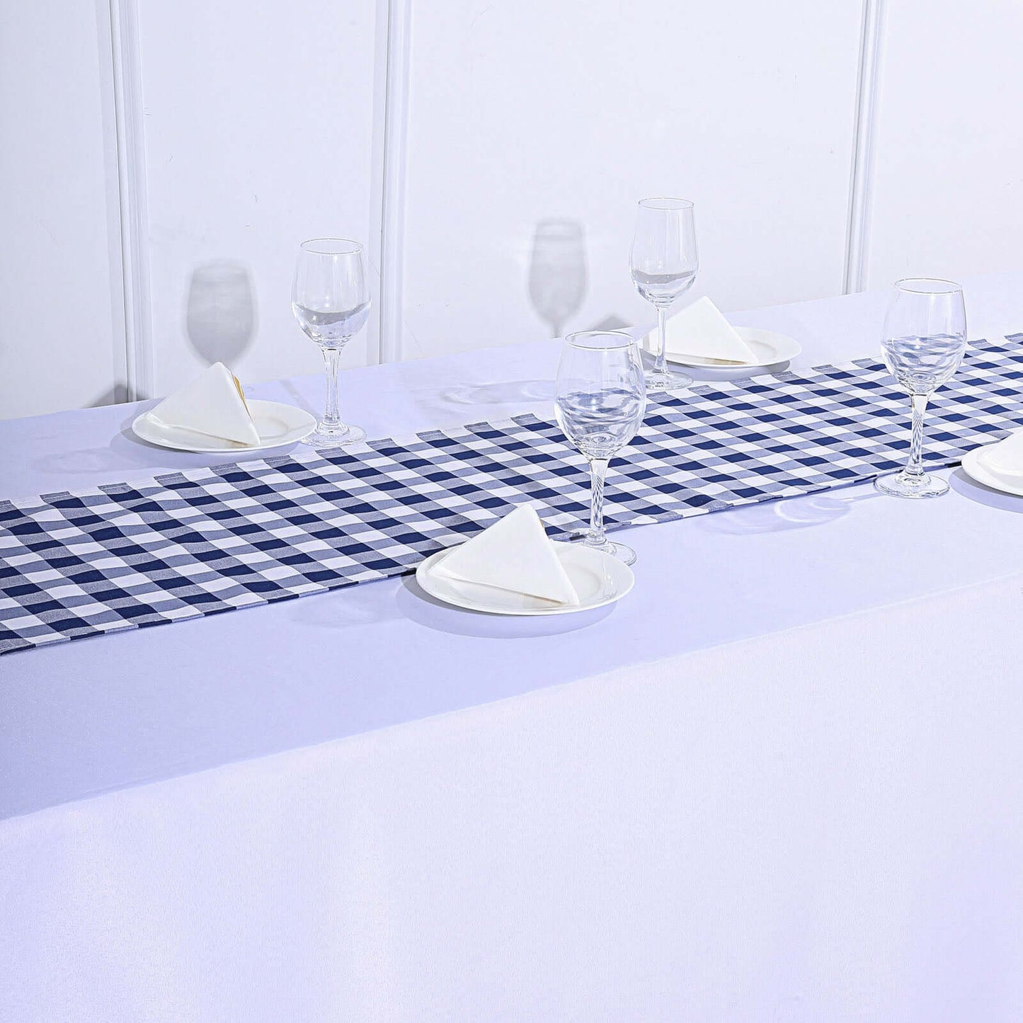 Polyester 14"x108" Table Runner Navy Blue/White - Gingham Plaid Design