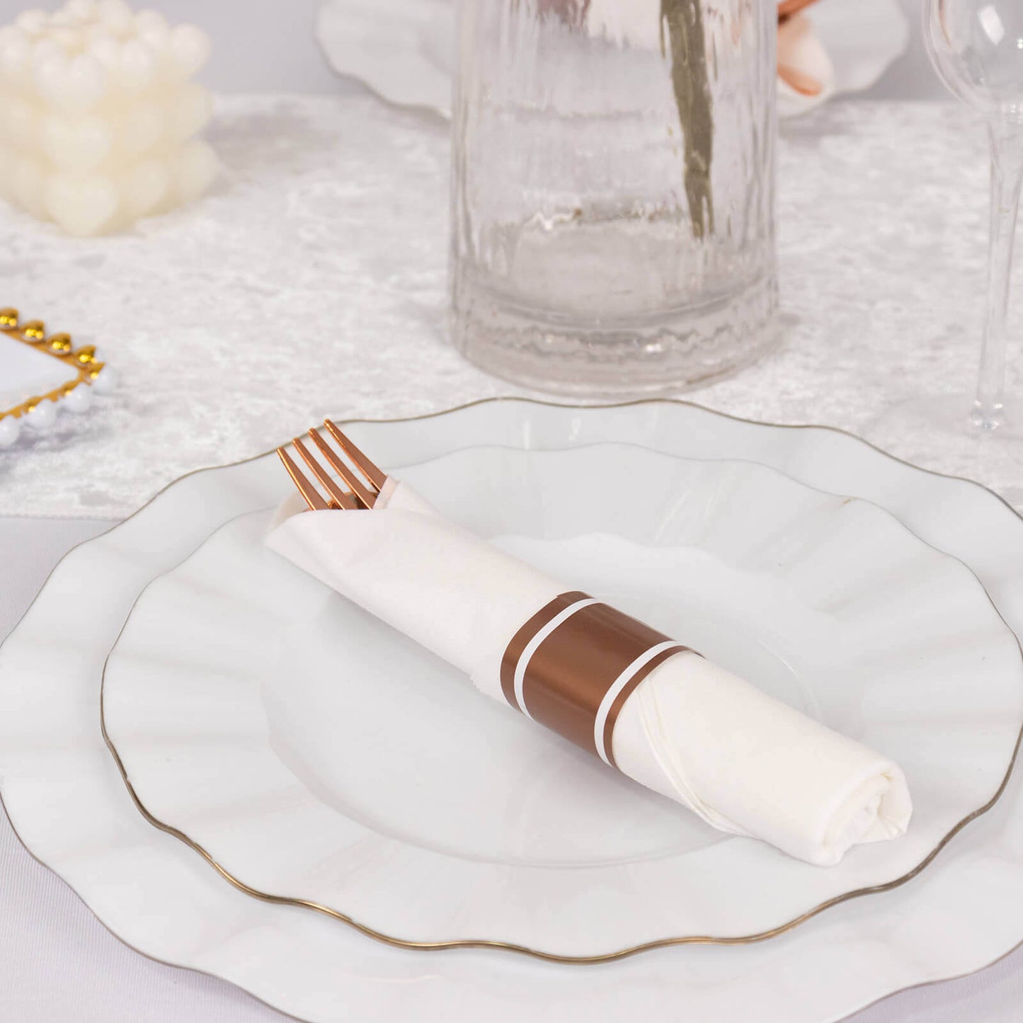 Set of 24 Rose Gold Plastic Silverware with Pre-Rolled White Paper Napkins - Disposable Wrapped Fork, Spoon, and Knife Set