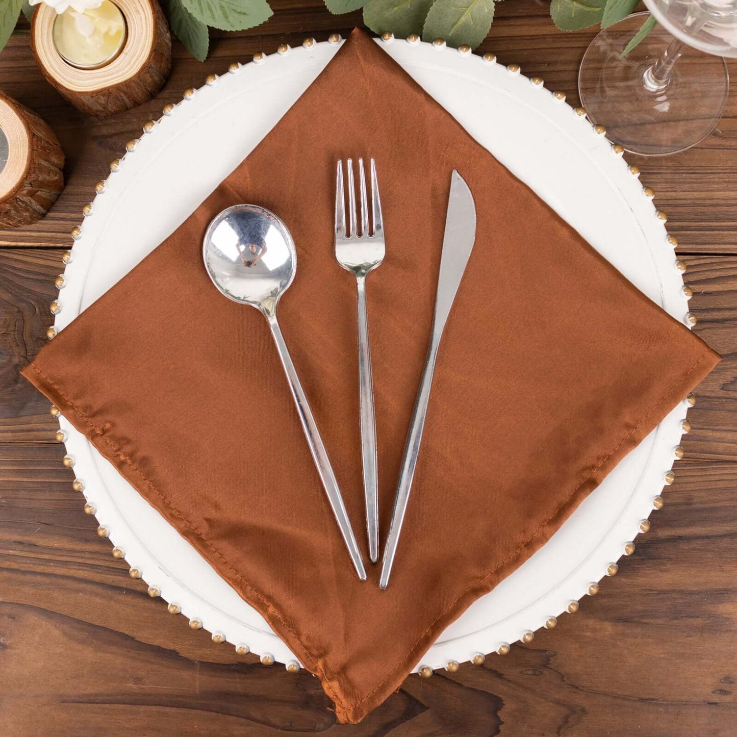 5 Pack Satin 20"x20" Napkins Cinnamon Brown - Luxurious Shine & Smooth Dinner Napkins