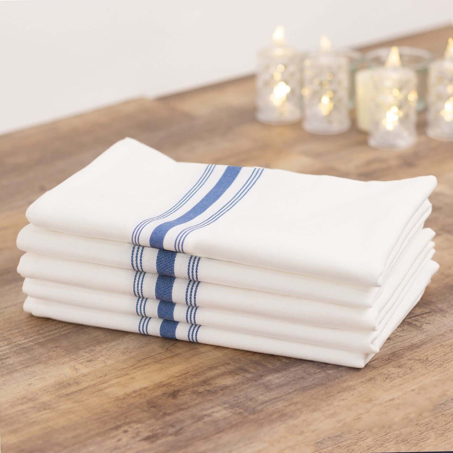 10 Pack Premium Spun Polyester 18"x22" Napkins White/Blue Bistro Style - Highly Absorbent Cotton-Like Feel Cloth Napkins