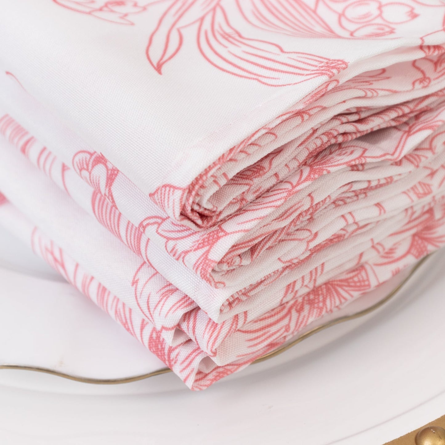 5-Pack French Toile Polyester Cloth Napkins â€“ 17"x17" Pink and White Reusable Table Napkins in Floral Design for Events & Dining