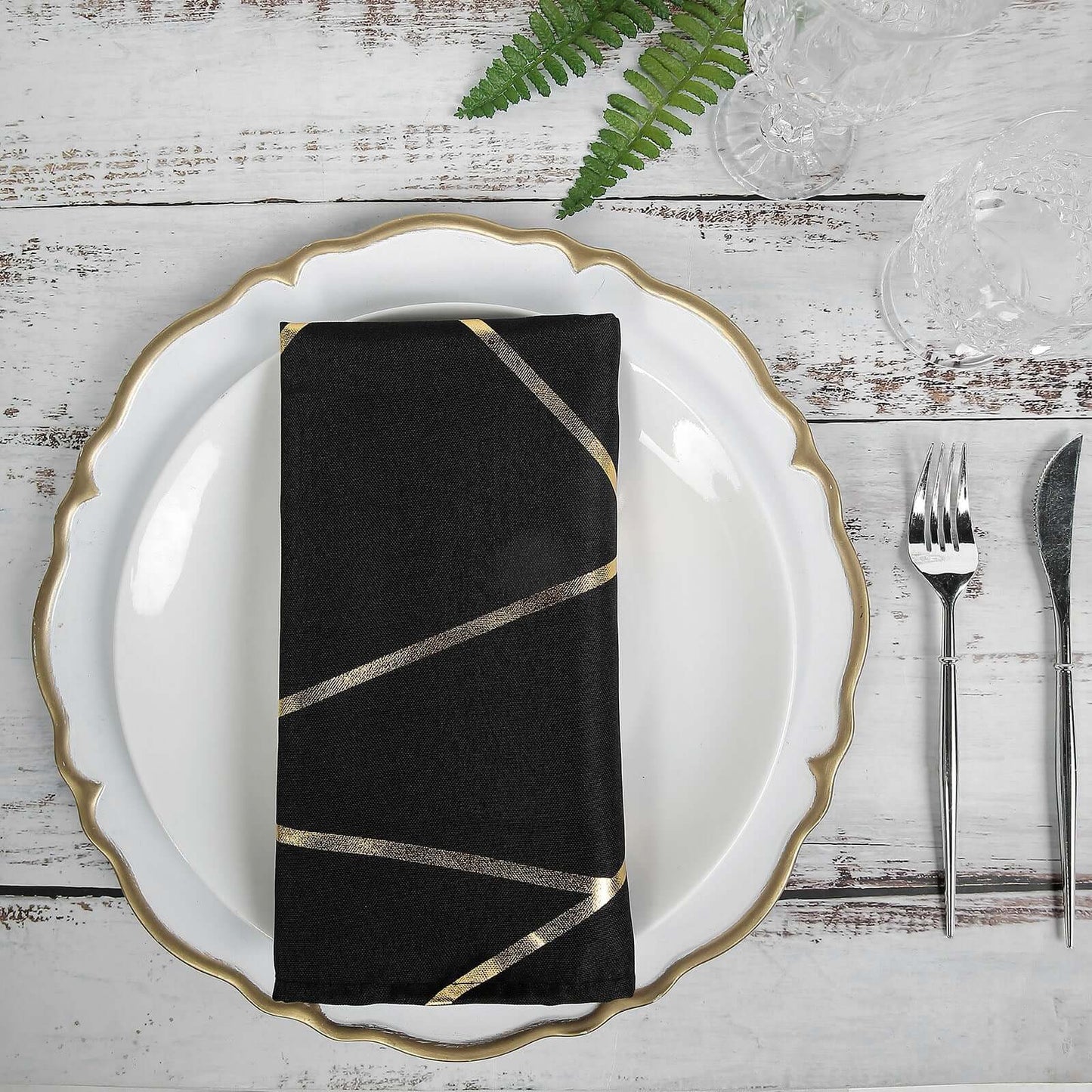 5 Pack Polyester 20"x20" Napkins Black with Gold Geometric Foil Pattern - Modern Reusable Dinner Napkins