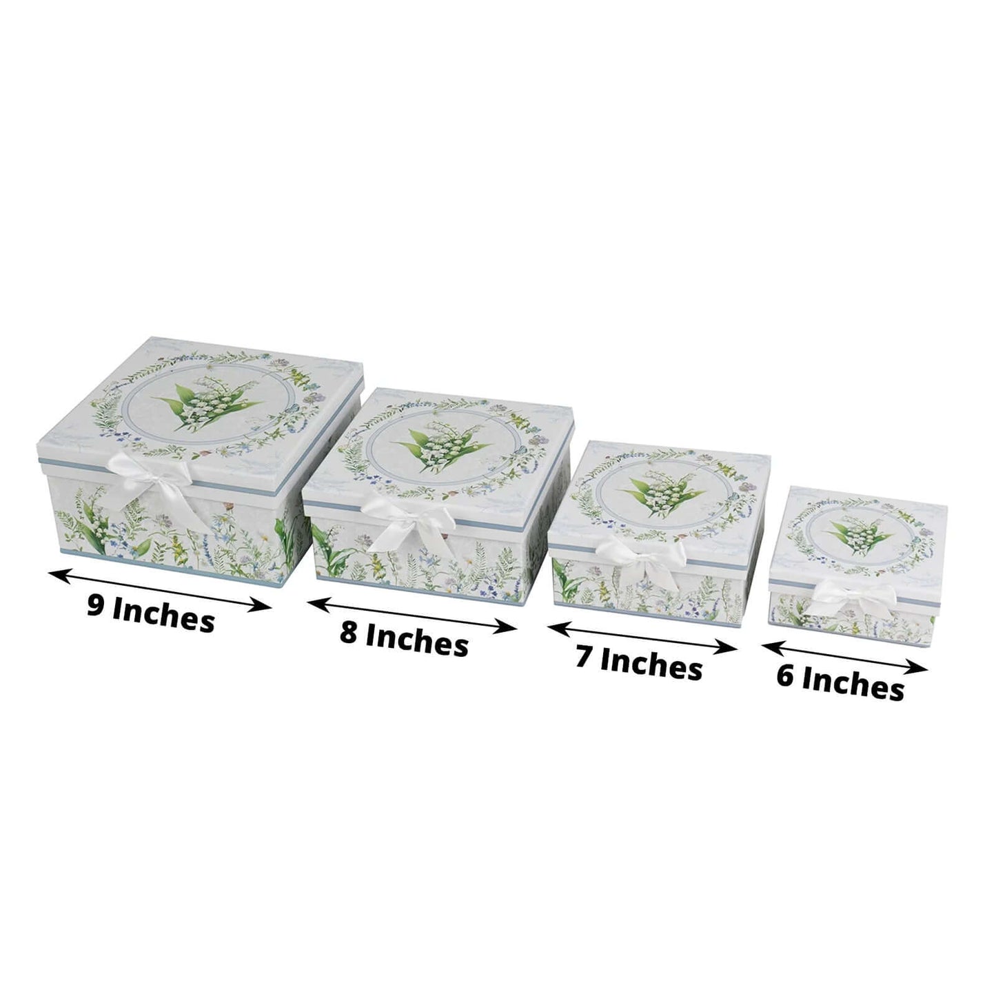 Set of 4 Cardstock Square Nesting Gift Boxes White Green Floral Design - Decorative Heavy Duty Stackable Keepsake Boxes With Lids for Presents Storage & Pedestal Stand 6",7",8",9"