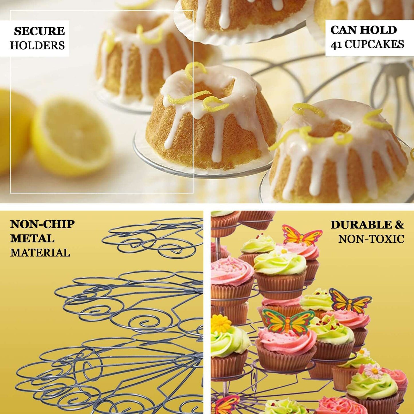 5-Tier Metal Cupcake Stand 15" Silver with 41 Spiral Holders - Space-Saving Non-Chip Finish Dessert Display Tower Tray for Parties & Buffets