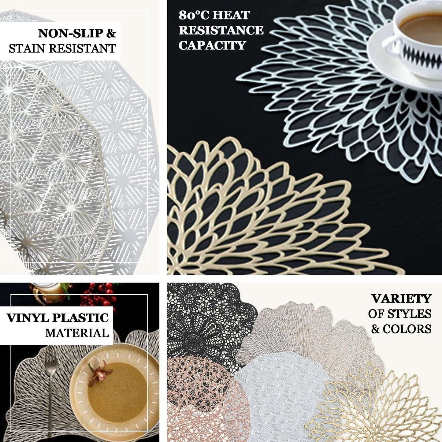 6-Pack Dining Table Mats Floral Lace Design Gold - Vinyl Non-Slip Surface with Vintage Appeal 15"