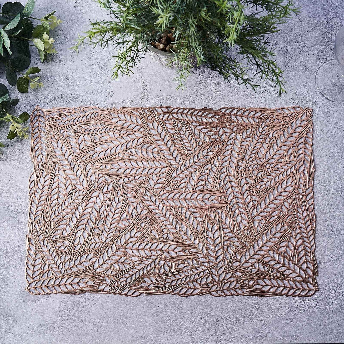 6-Pack Table Mats Wheat Design Rose Gold - Vinyl Rectangle Non-Slip Surface for Stylish Settings 12"x18"